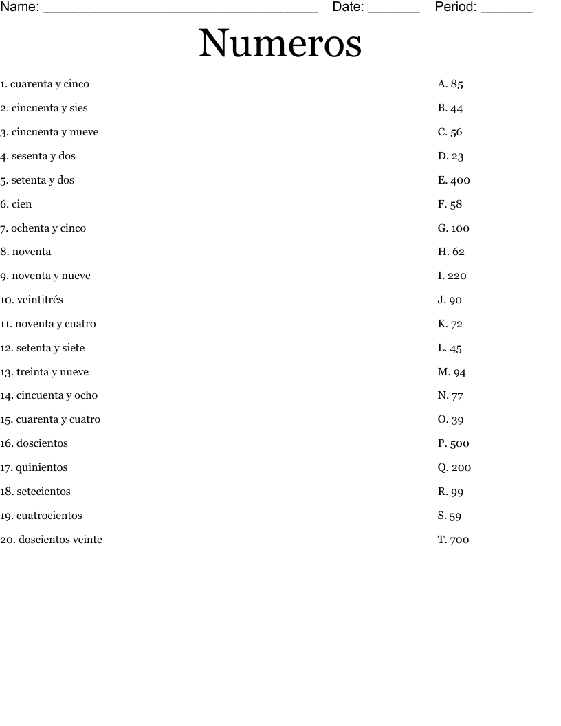 Numeros Worksheet