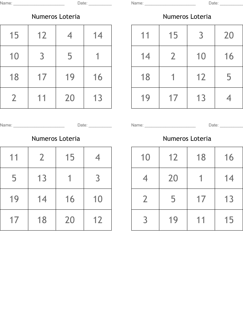 Numeros Loteria Bingo Cards