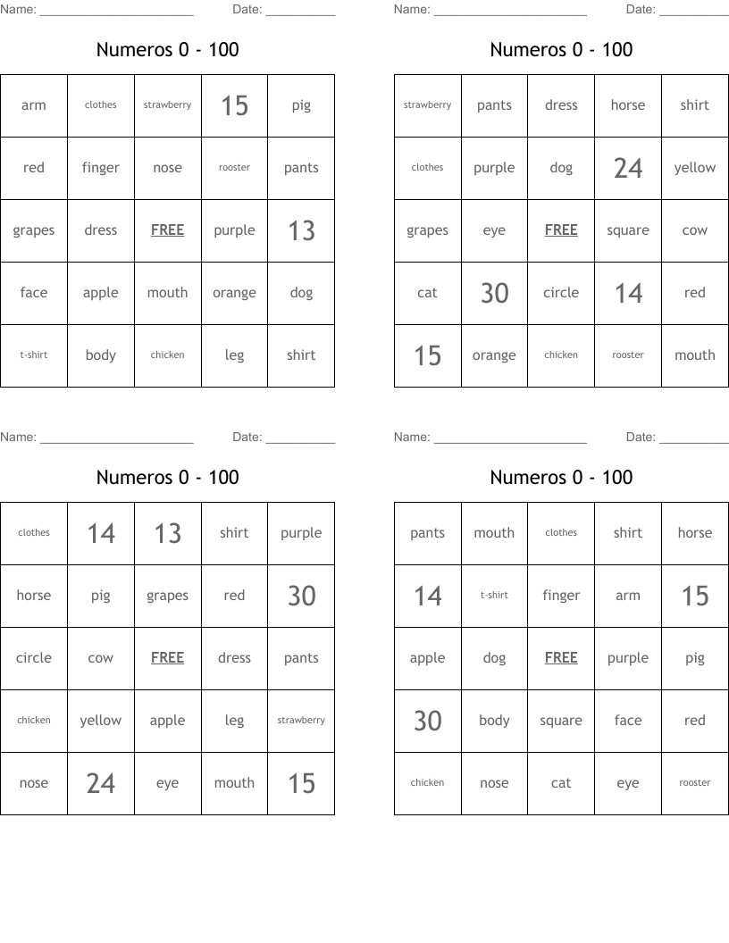 Numeros  0 - 100 Bingo Cards