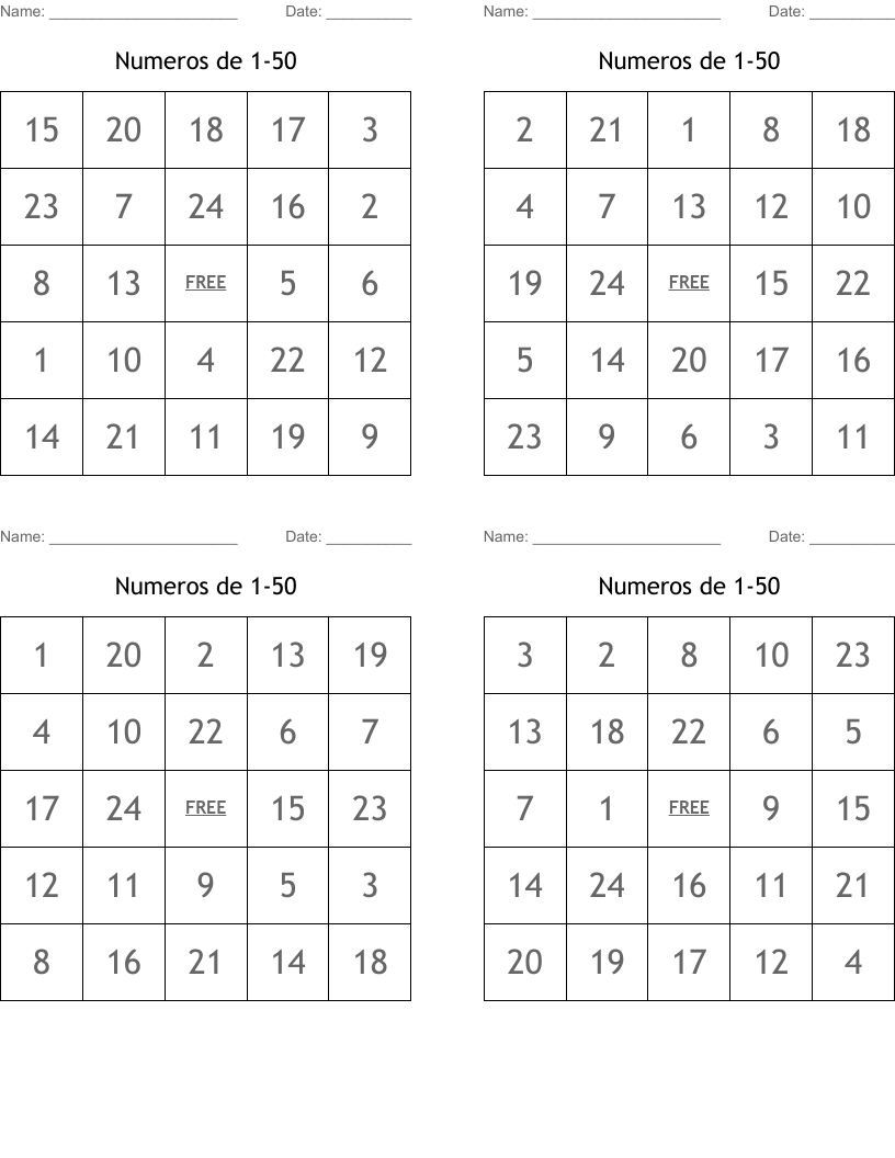 Numeros de 1-50 Bingo Cards