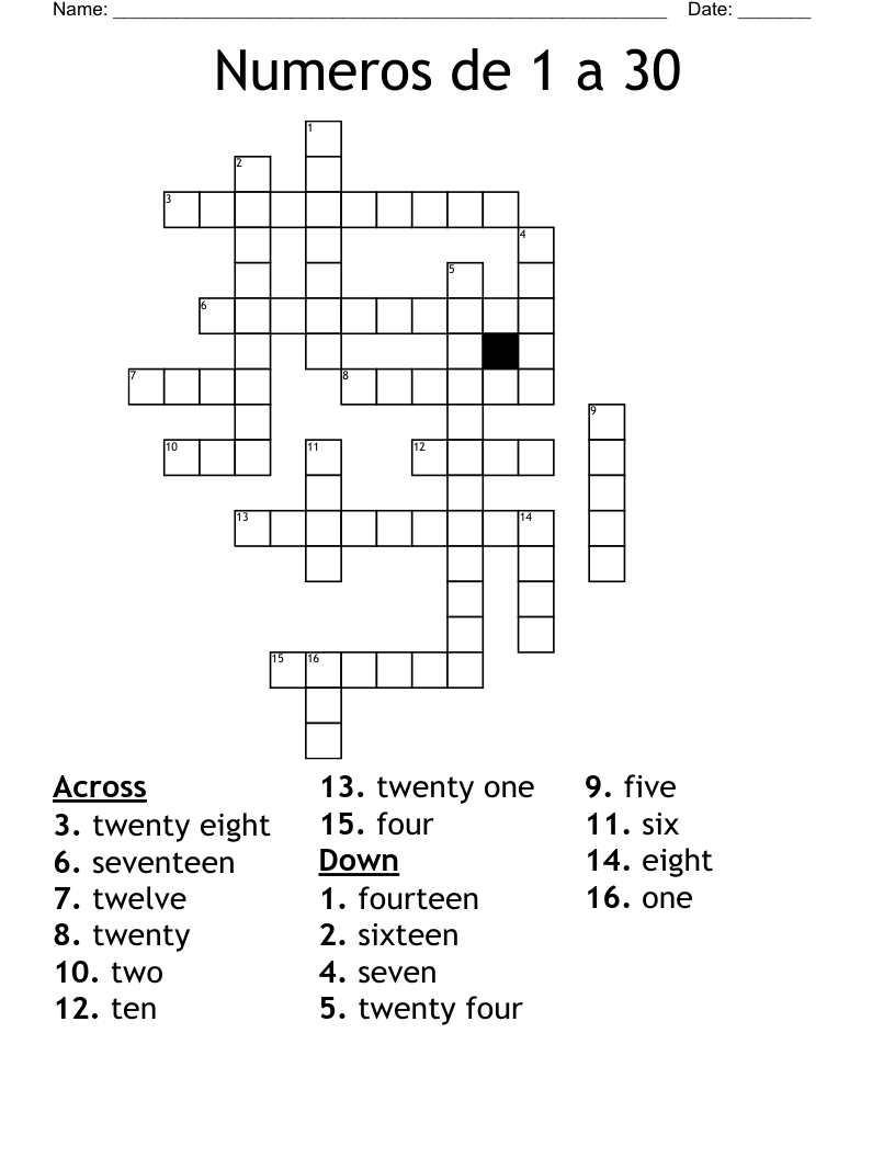 Numeros de 1 a 30 Crossword