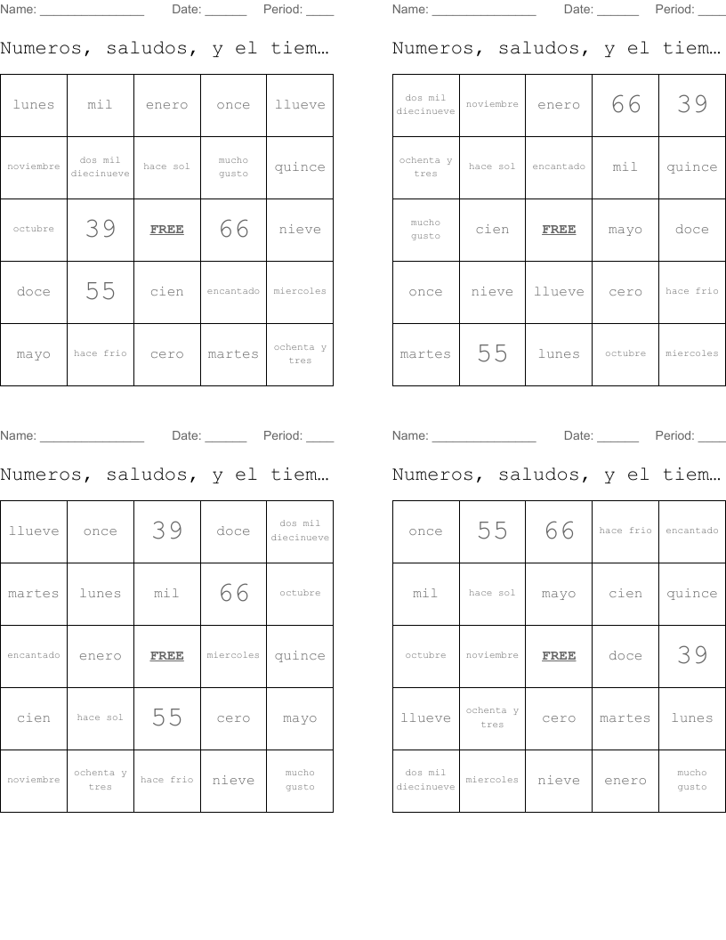 Numeros, saludos, y el tiempo Bingo Cards