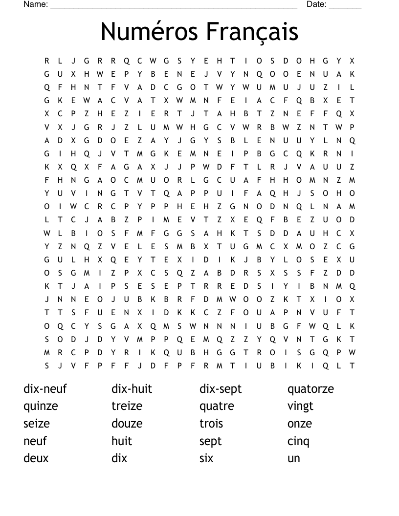 Numéros Français Word Search