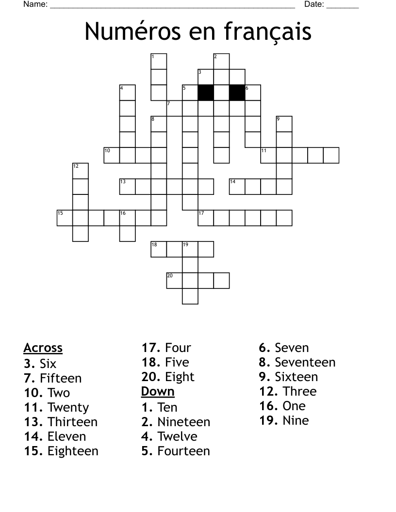 Numéros en français Crossword