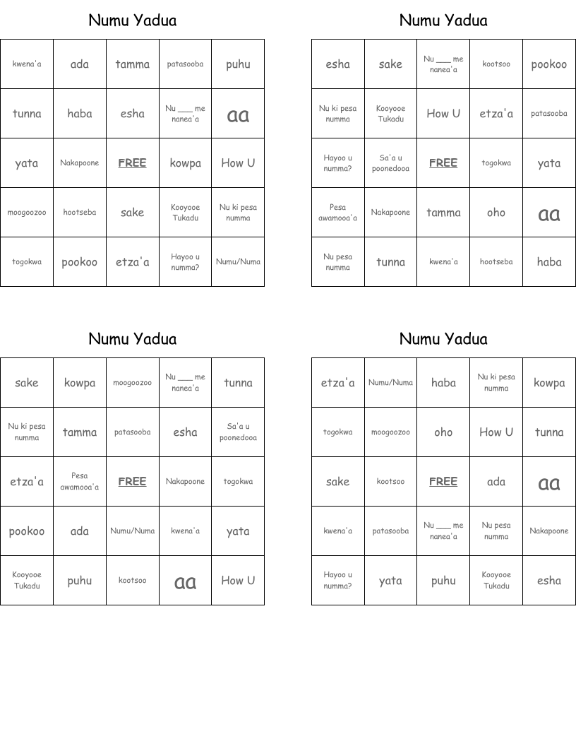 Numu Yadua Bingo Cards