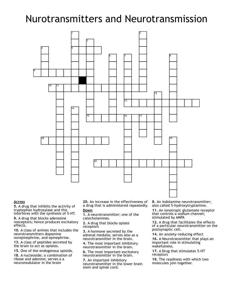 Nurotransmitters and Neurotransmission  Crossword