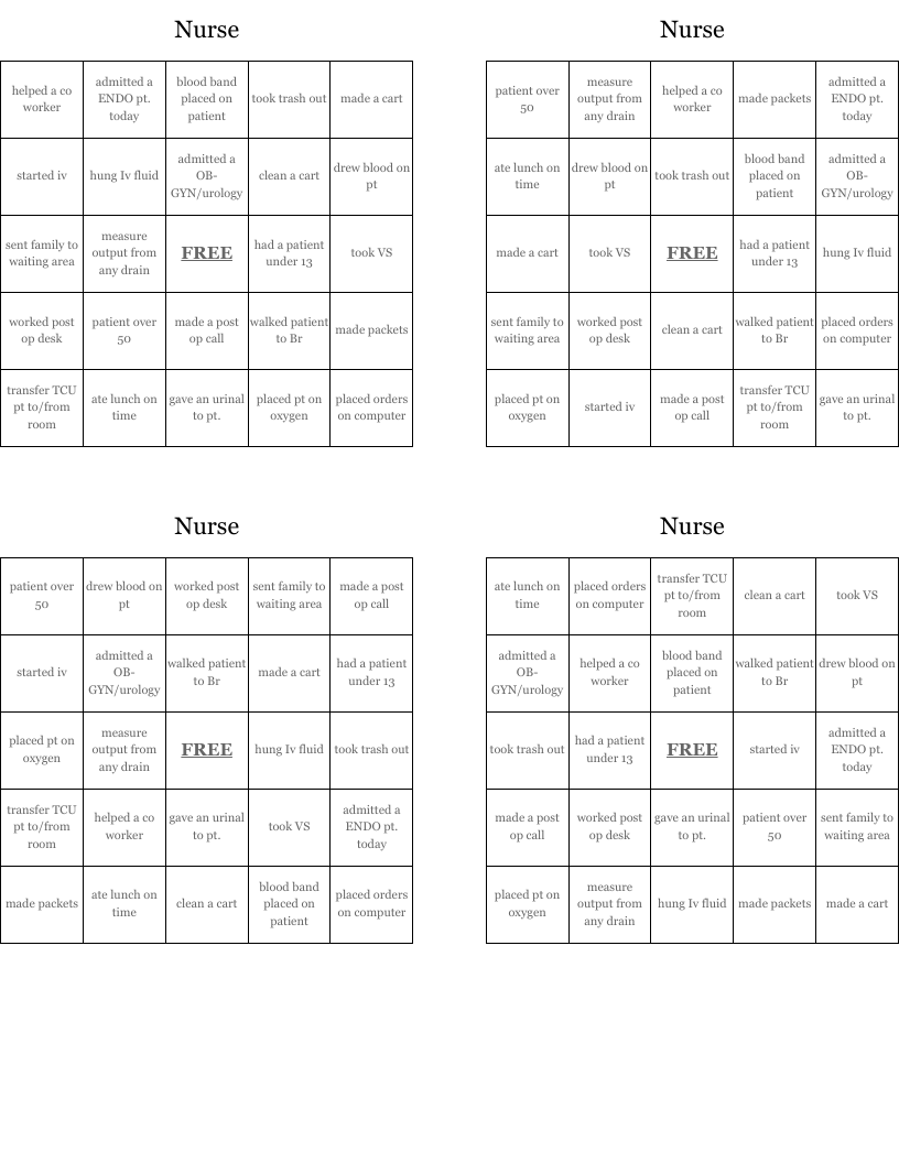 Nurse Bingo Cards