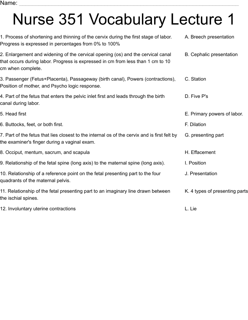 Nurse 351 Vocabulary Lecture 1 Worksheet