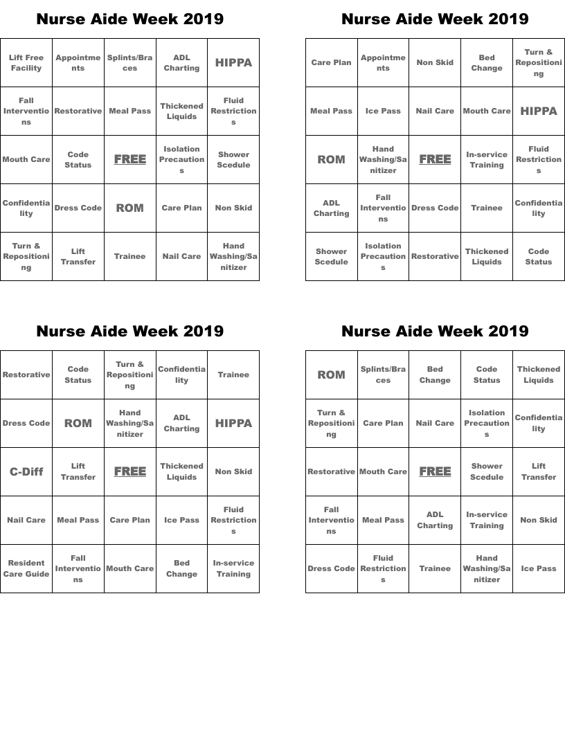 Nurse Aide Week 2019 Bingo Cards