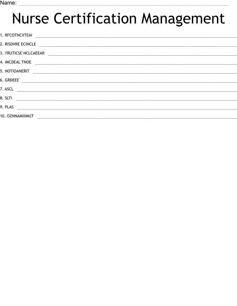 Nurse Certification Management Word Scramble