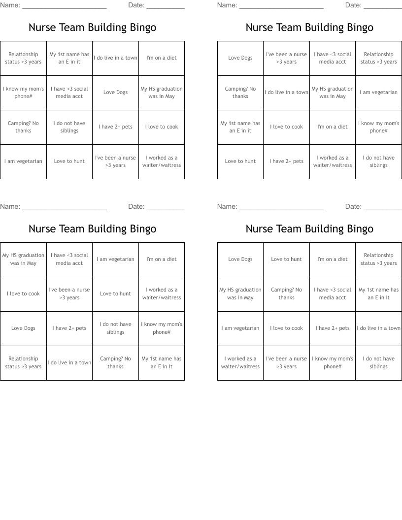 Nurse Team Building Bingo