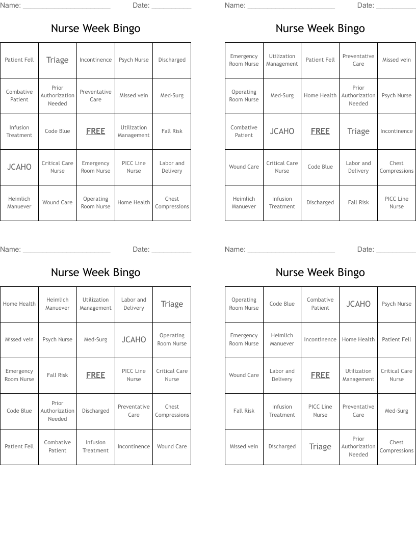 Nurse Week Bingo