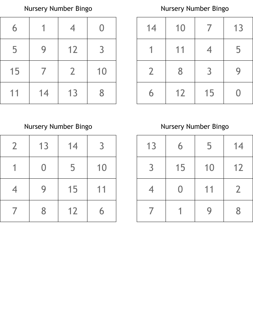 Nursery Number Bingo