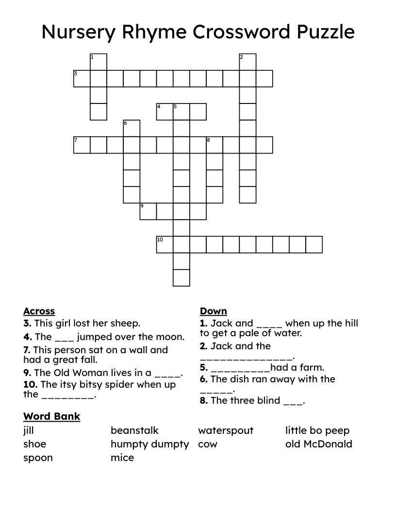 Nursery Rhyme Crossword Puzzle