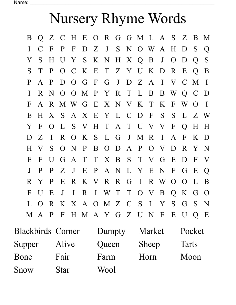 Nursery Rhyme Words Word Search