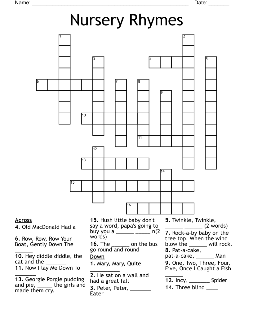 Nursery Rhymes Crossword