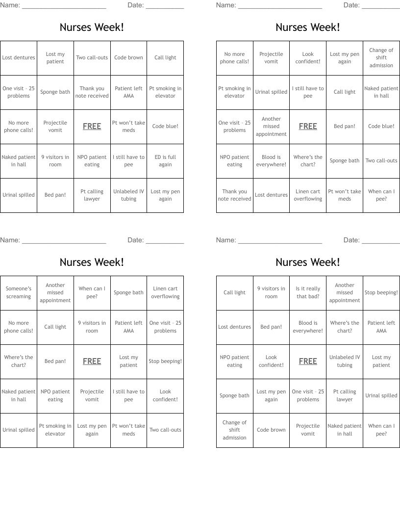 Nurses Week! Bingo Cards