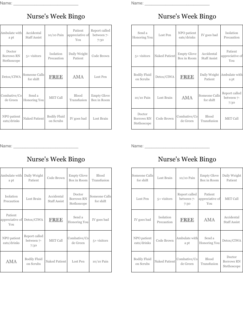 Nurse's Week Bingo