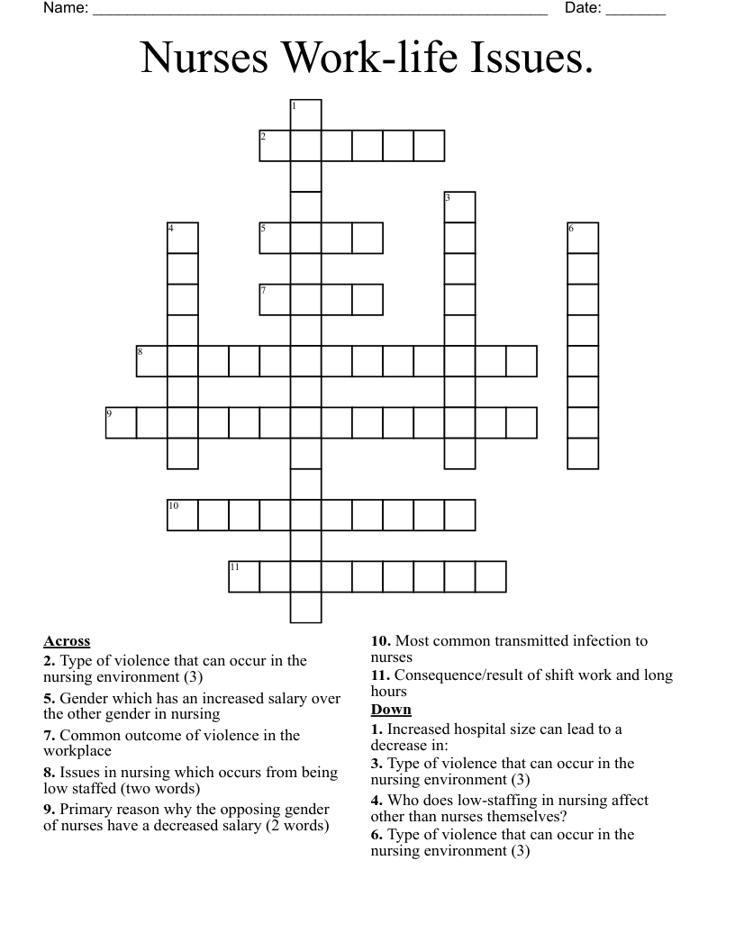 Nurses Work-life Issues.  Crossword