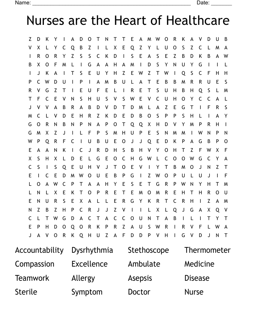 Nurses are the Heart of Healthcare Word Search