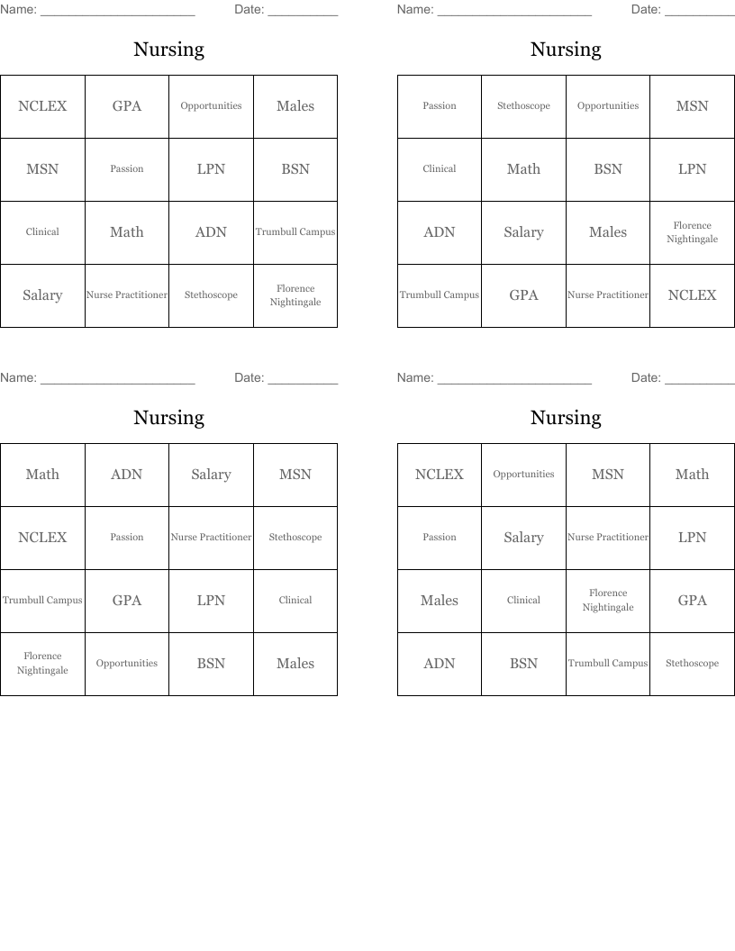 Nursing Bingo Cards