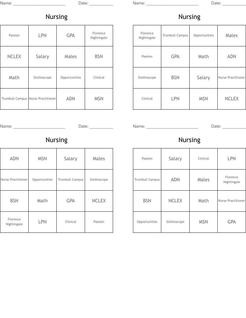 Nursing Bingo Cards