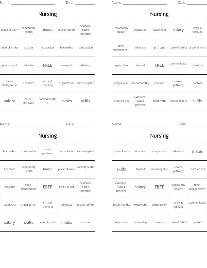 Nursing Bingo Cards