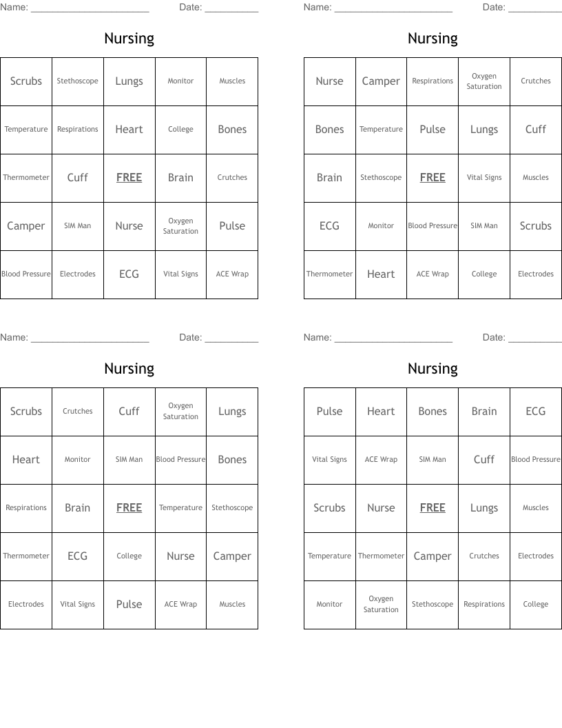 Nursing Bingo Cards