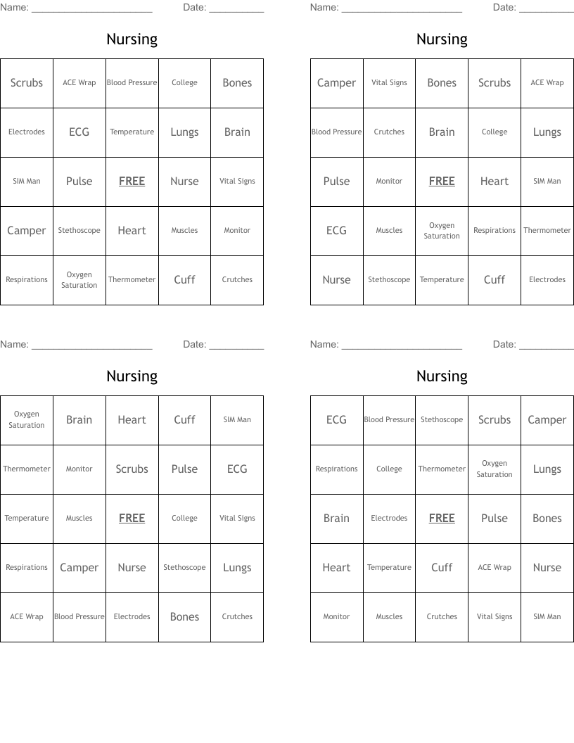 Nursing Bingo Cards