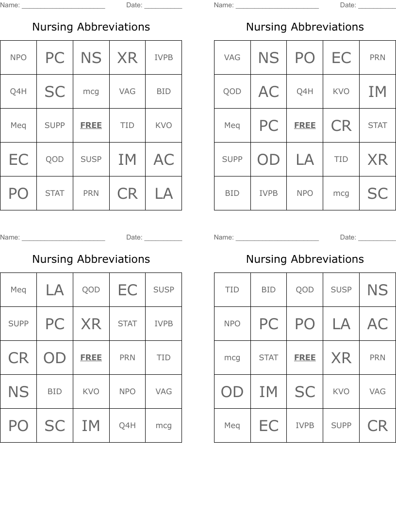 Nursing Abbreviations Bingo Cards