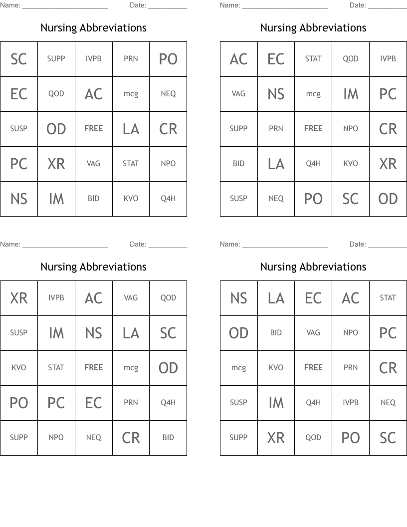 Nursing Abbreviations Bingo Cards