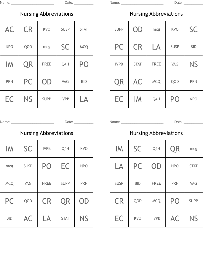 Nursing Abbreviations Bingo Cards