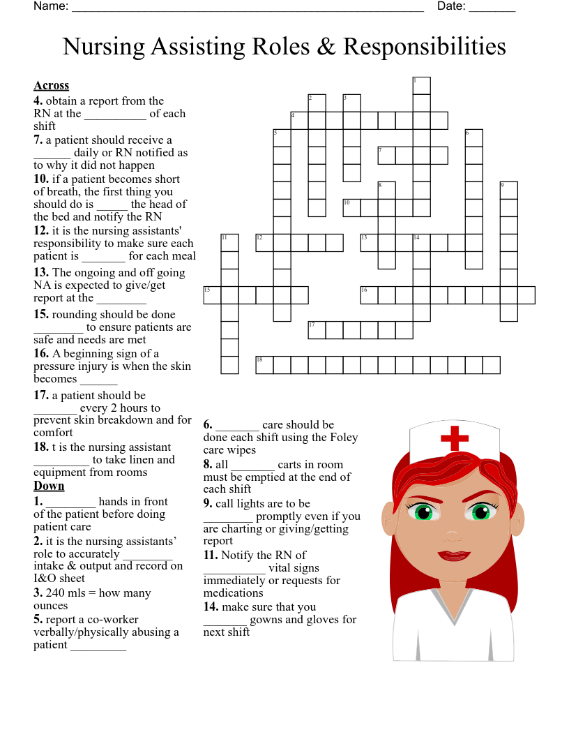 Nursing Assisting Roles & Responsibilities  Crossword