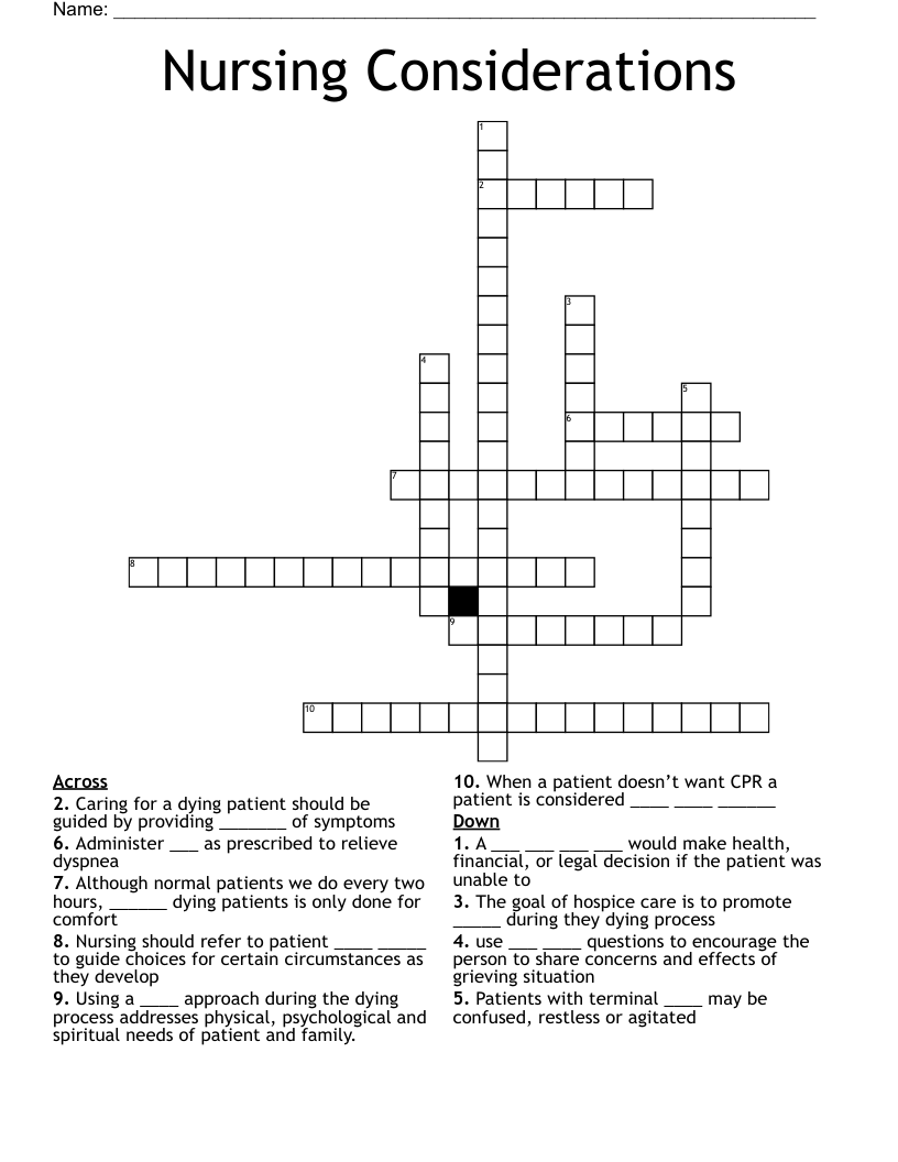 Nursing Considerations Crossword