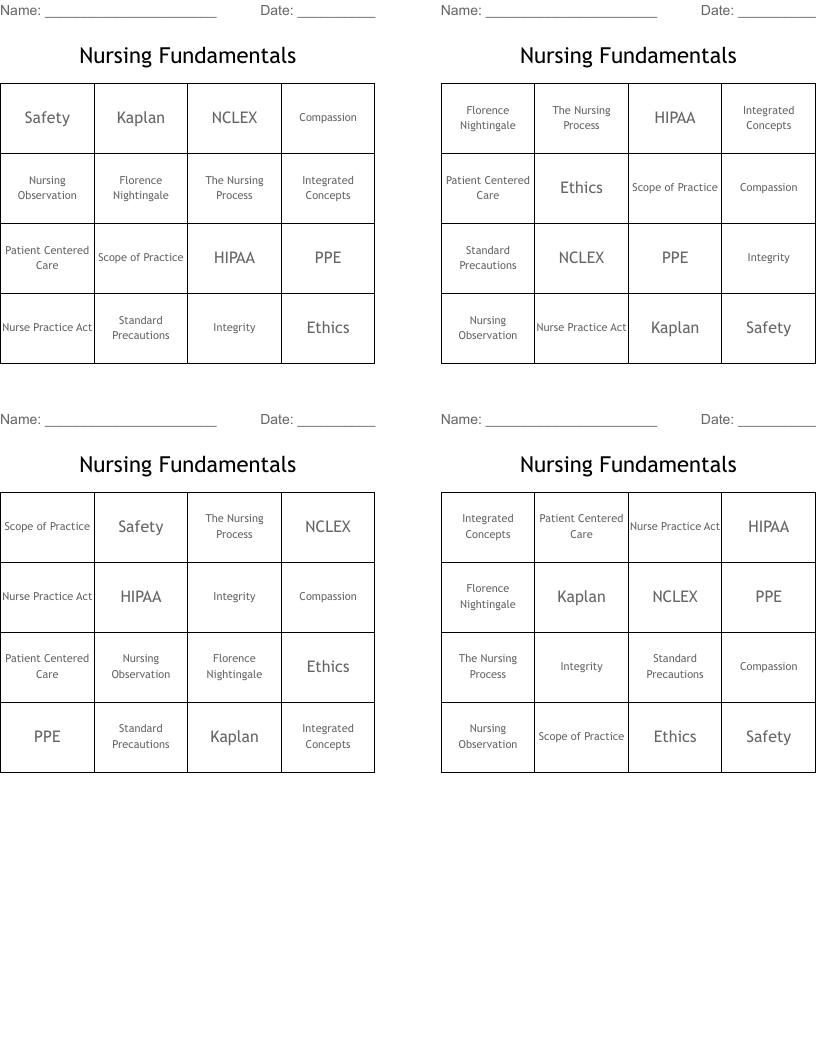 Nursing Fundamentals Bingo Cards