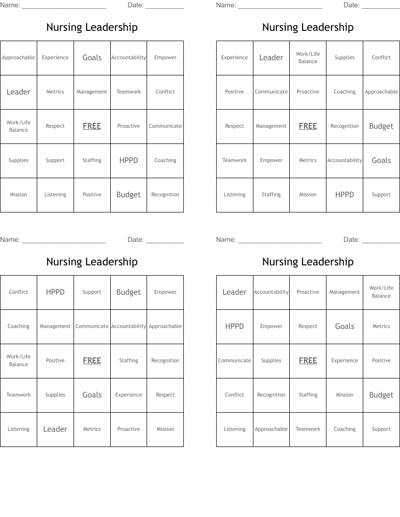 Nursing Leadership Bingo Cards