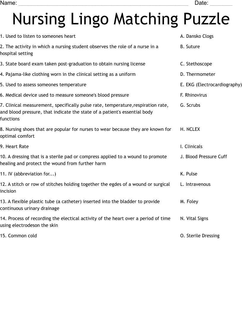 Nursing Lingo Matching Puzzle Worksheet