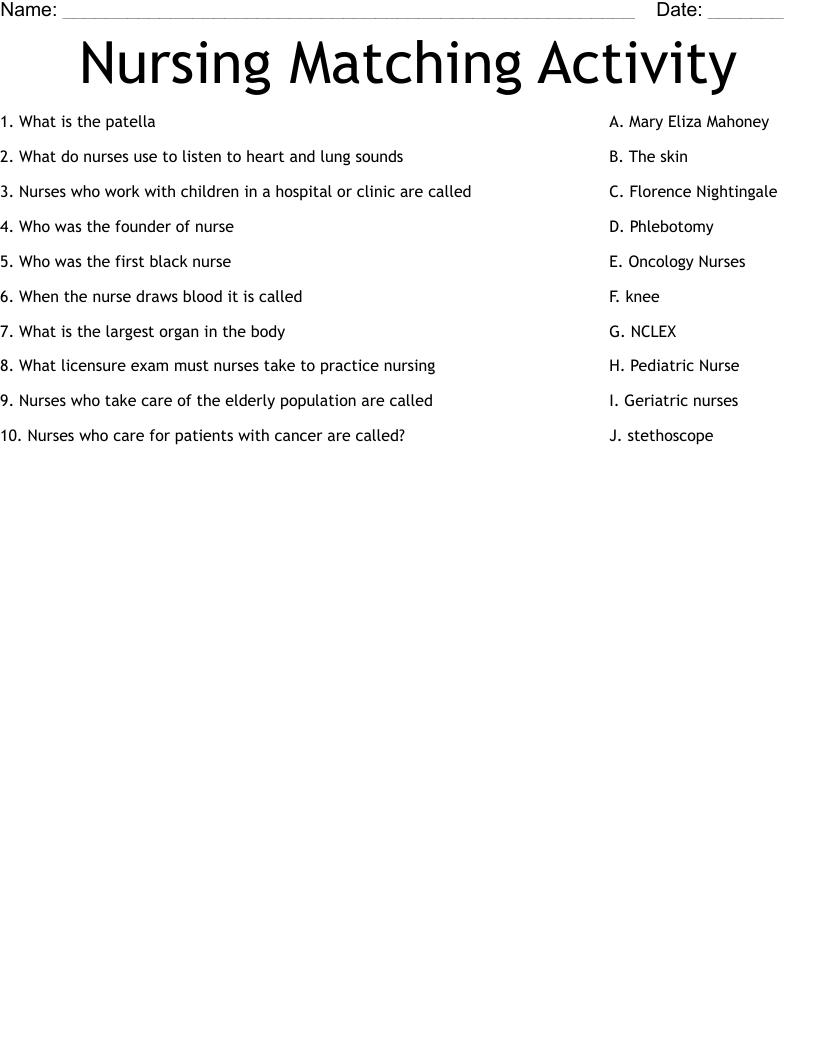 Nursing Matching Activity Worksheet