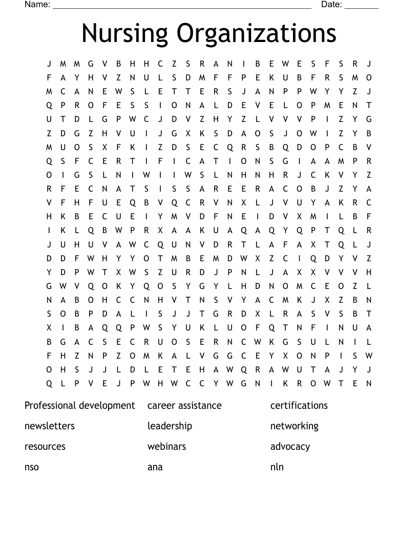 Nursing Organizations Word Search