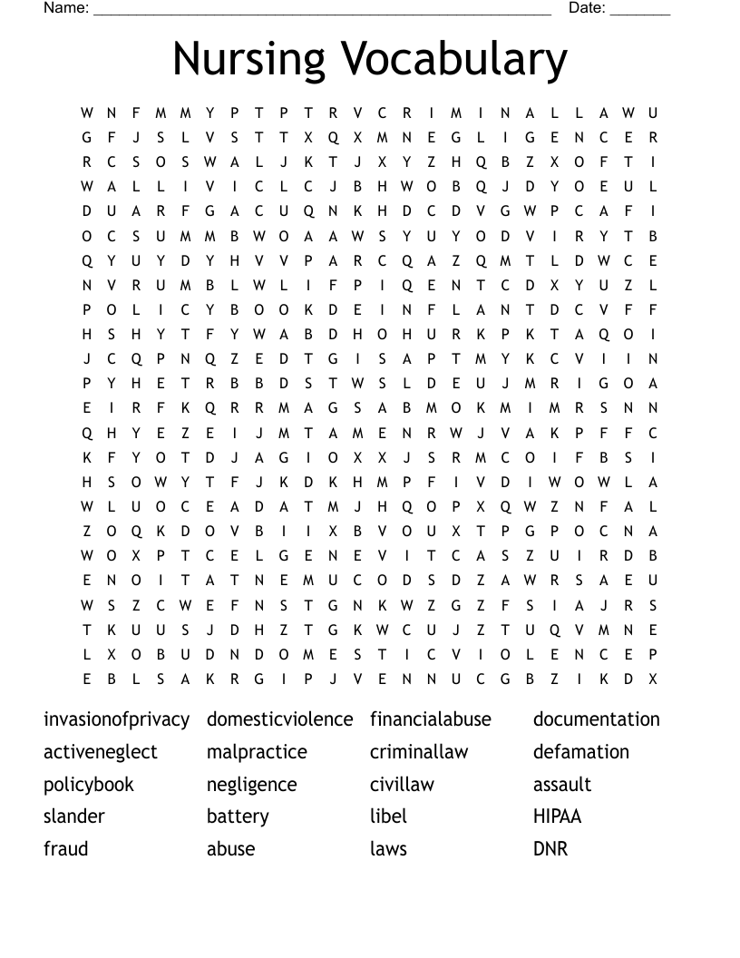 Nursing Vocabulary  Word Search
