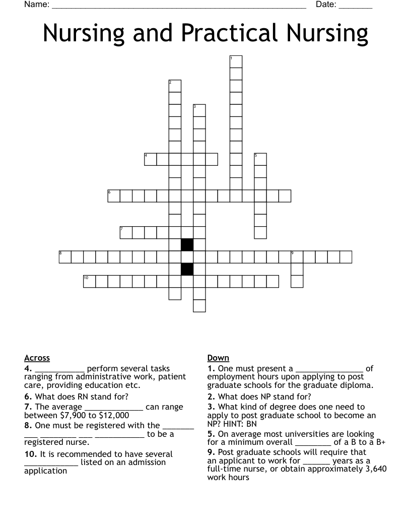 Nursing and Practical Nursing Crossword
