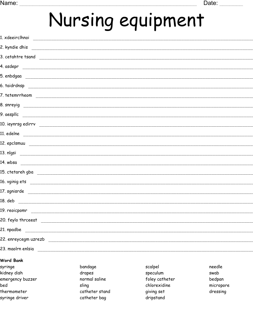 Nursing equipment Word Scramble