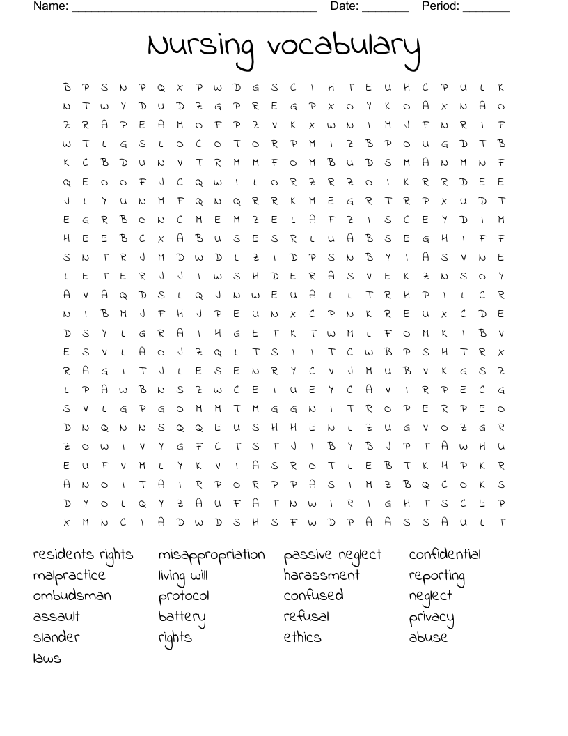 Nursing vocabulary  Word Search