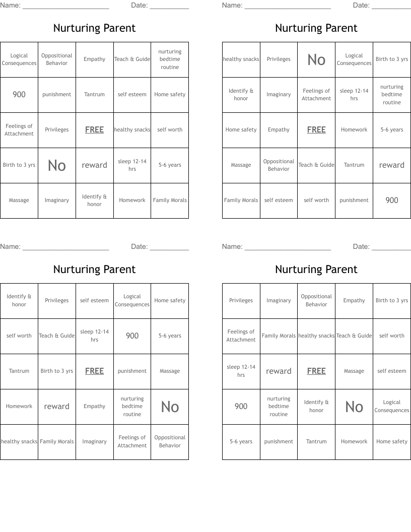 Nurturing Parent Bingo Cards