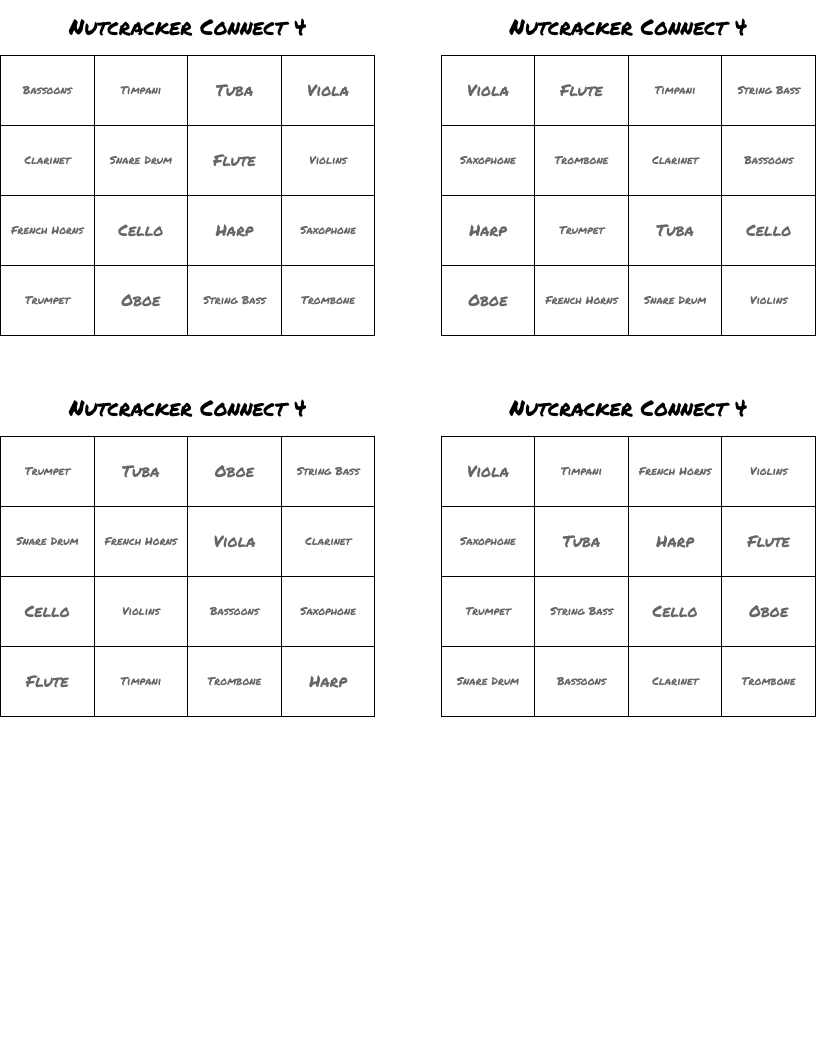 Nutcracker Connect 4 Bingo Cards