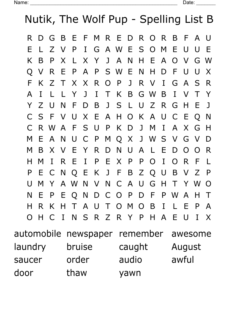 Nutik, The Wolf Pup - Spelling List B Word Search