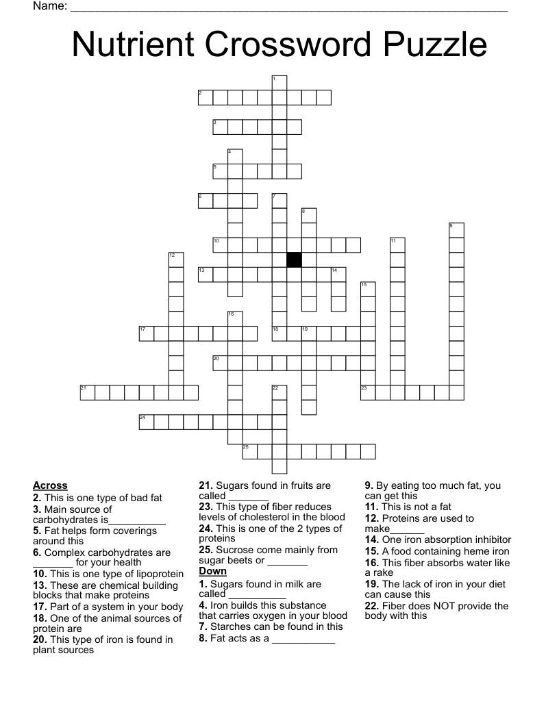Nutrient Crossword Puzzle