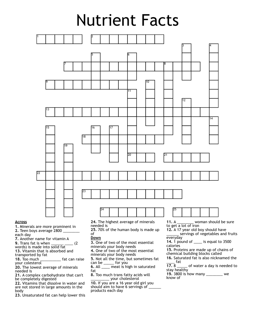 Nutrient Facts Crossword