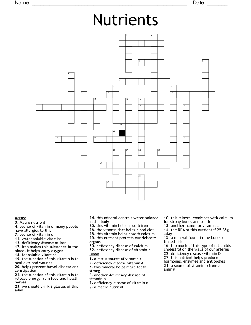 Nutrients Crossword