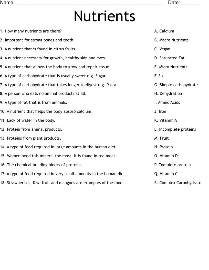 Nutrients Worksheet
